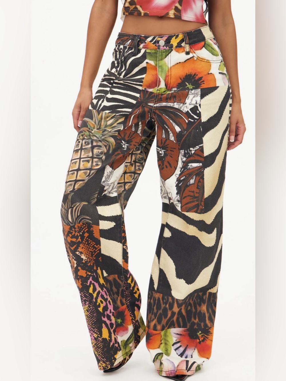 Patchwork Tropical Print Wide-Leg Pants - Multicolor elastic waist 2XL